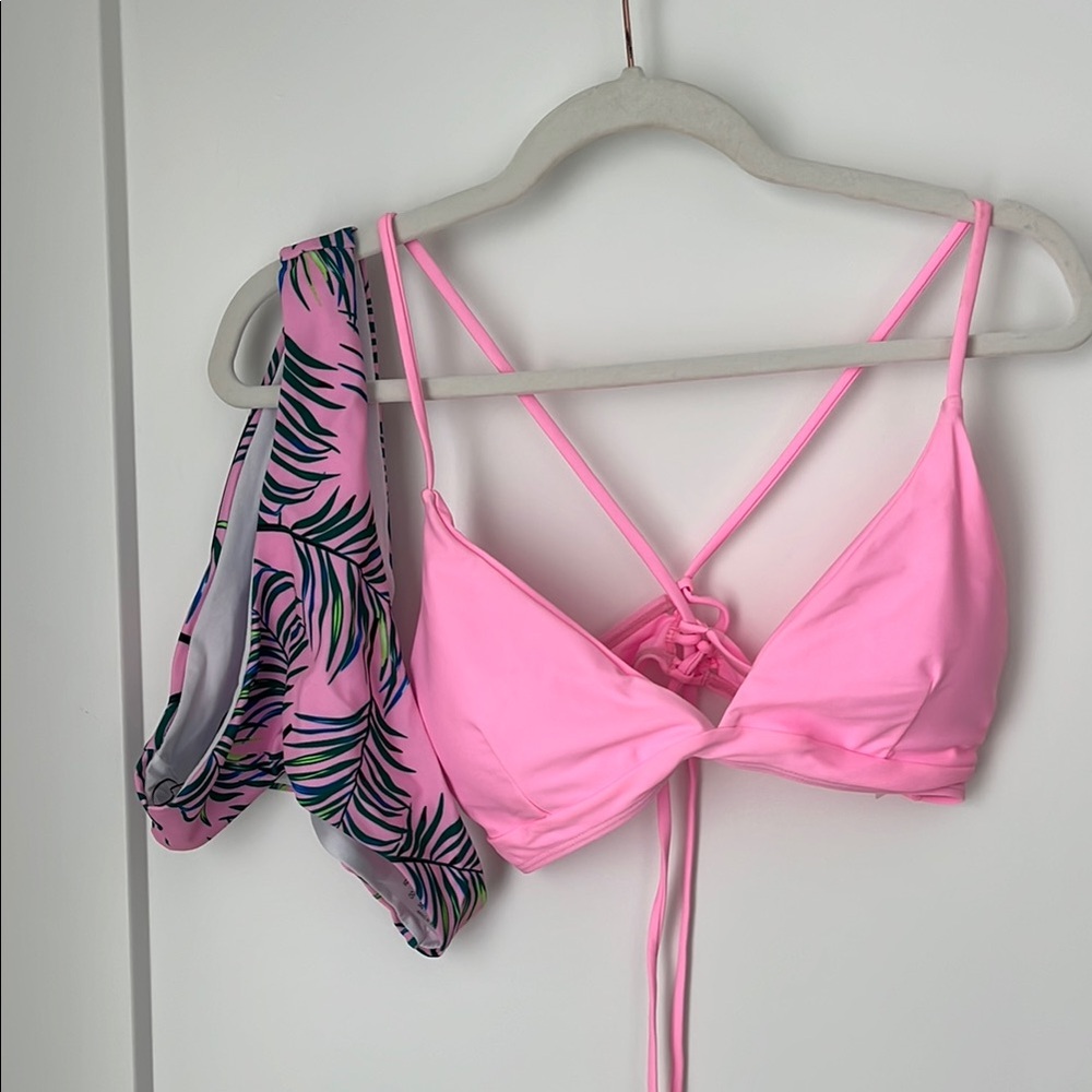 Pink Bikini Top with Tropical Print Bottom